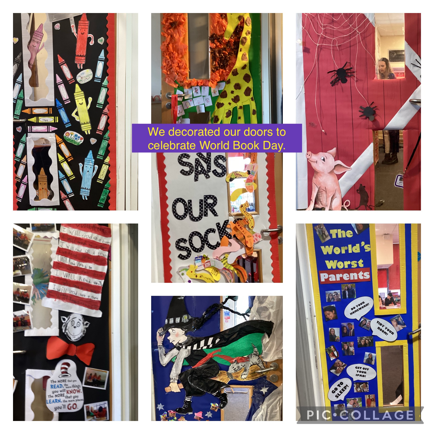 Doors decorated with book themes to support World Book Day.